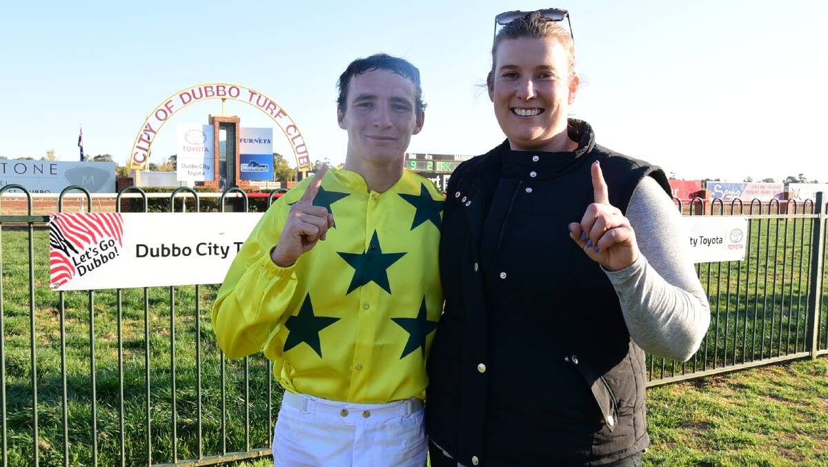 Clean Sweep: Jockey Clayton Gallagher and Stephanie Alexander from the Cavanough Racing team after they combined to take out Sunday's Gold Cup feature at Dubbo Turf Club with Brazen. Photo: Paige Williams.