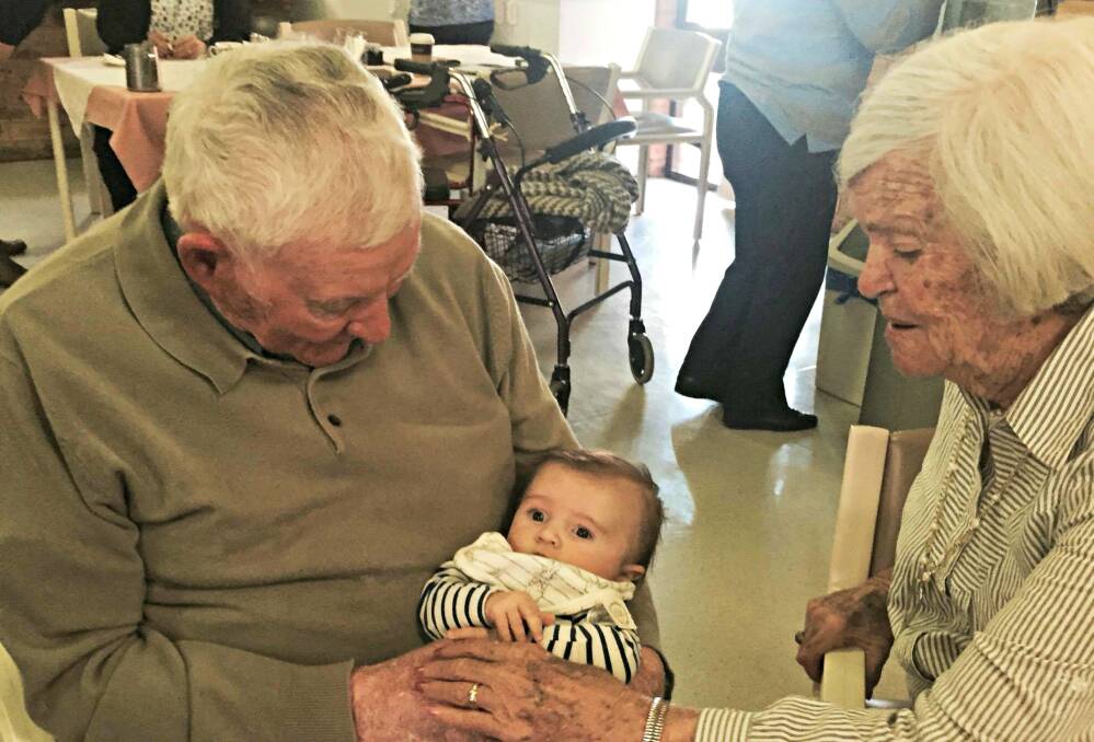 GREAT GRANDPARENTS: Paul and Peg Spackman with great-grandson Ted McCutcheon at Timbrebongie House. Photo: CONTRIBUTED