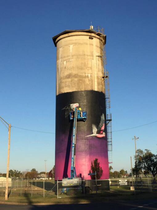 Water tank mural: Coonamble's 26 metre tall water tank has been turned into a stunning artwork. Photo: JOHN MURRAY FACEBOOK. 