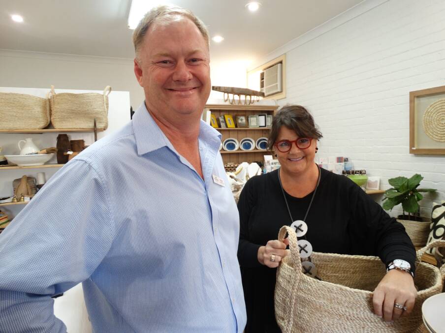 GETTING TO KNOW THE TOWN: New Economic Development Officer Phil Johnston with Country Trader's store owner Amanda Ferrari downtown Narromine. Photo: CONTRIBUTED.
