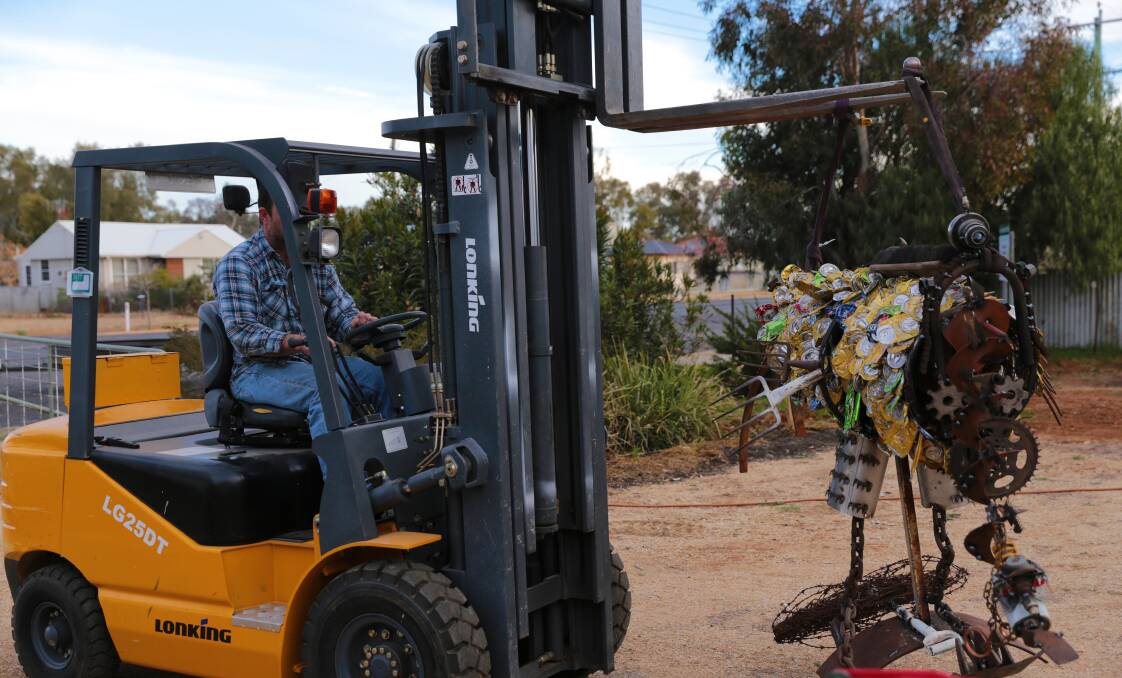 GETTING MOVED: The larger than life emu now lives at the Trangie Cultural Centre grounds where Koby hopes everyone can enjoy it. Photo: CONTRIBUTED.