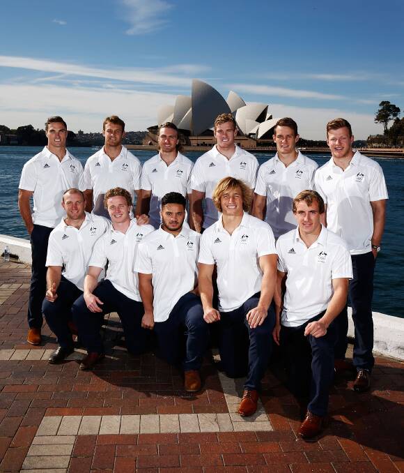 RUGBY SEVENS: Pat McCutcheon (back, second from right) with the rest of the Rugby Sevens team on announcement day, Thursday July 14, at Darling Harbour. Photo: GETTY IMAGES. 