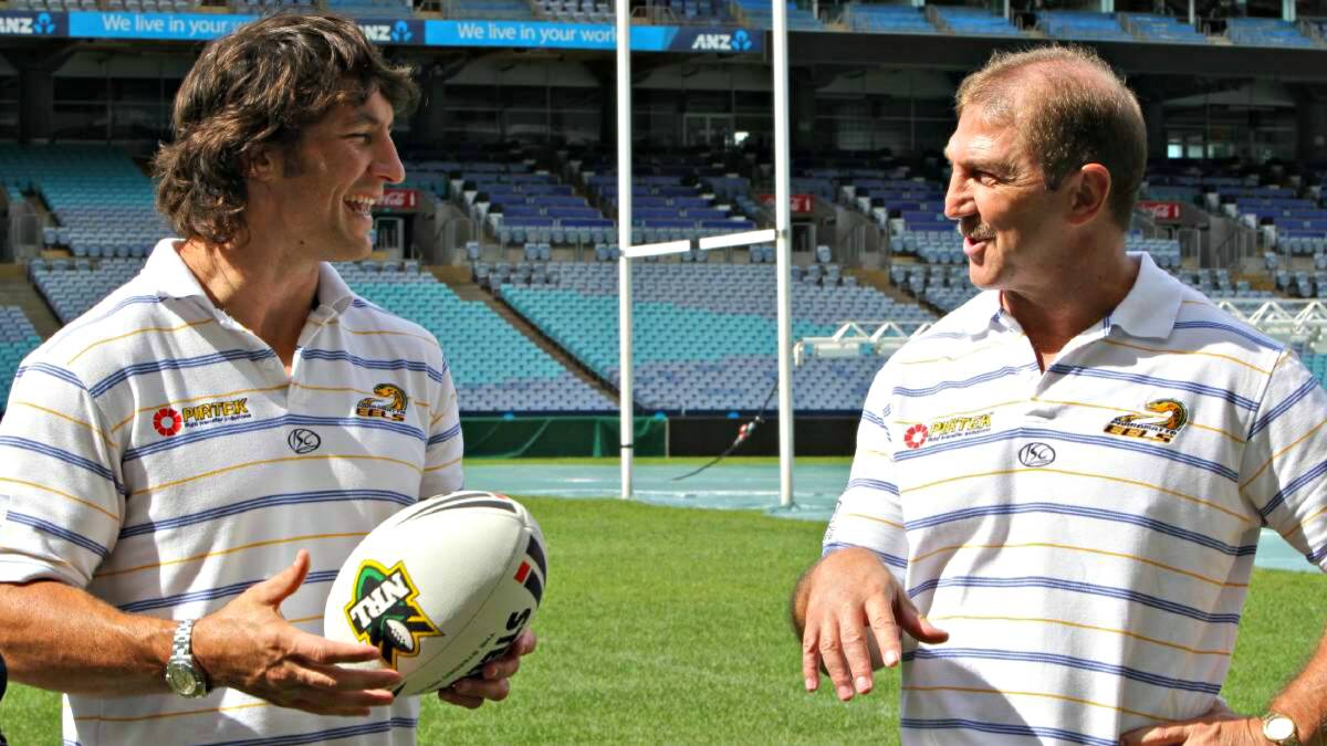 LAUNCHING JETS: Brett Kenny will be speaking at Saturday nights event at the USMC. Here he is with Nathan Hindmarsh. Photo: CENTRAL WESTERN DAILY.
