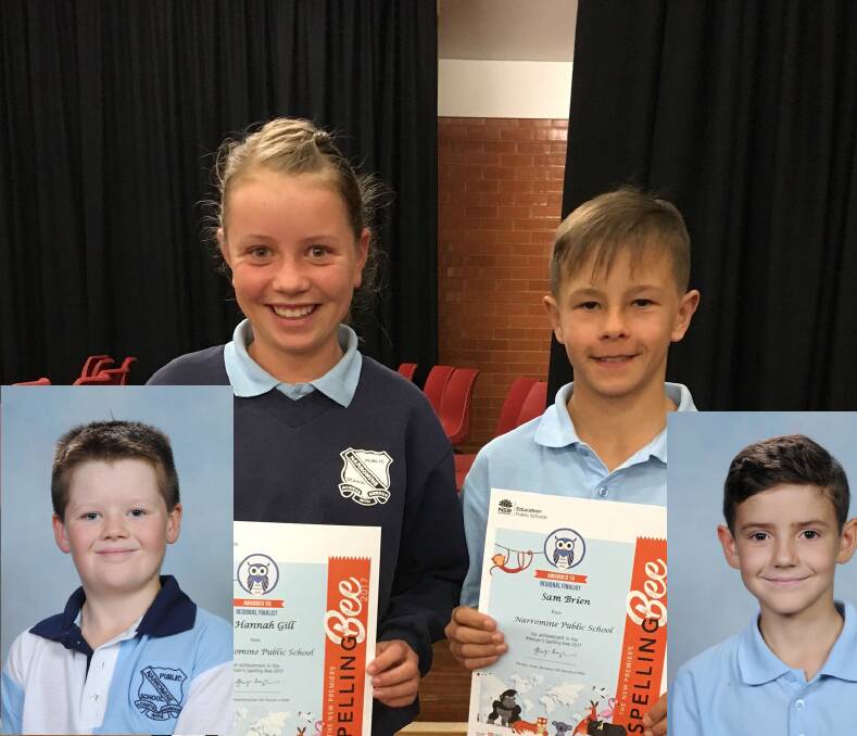 SPELLING EXTRAORDINAIRES: Hannah Gill and Sam Brien, senior primary representatives juniors [insets Ricky Wicks and Hunter Daniels]. Photos: CONTRIBUTED.