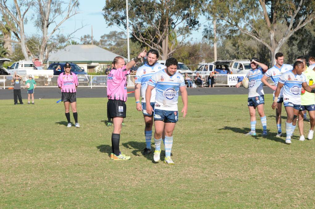 TURNING POINT: Dubbo Macquarie's Josh Merritt is sent off by referee Troy Warner during Sunday's drama-filled qualifying final at Nyngan on Sunday. Photo: NICK GUTHRIE