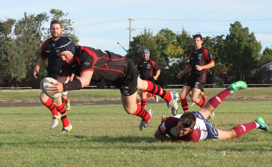 Try time: Luke Brown crosses the try line for Narromine Gorillas in their win against Geurie Goats at the weekend.