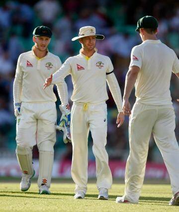 LONDON, ENGLAND - AUGUST 21:  Australia captain Michael Clarke (c) congratulates his players after day two of the 5th Investec Ashes Test match between England and Australia at The Kia Oval on August 21, 2015 in London, United Kingdom.  (Photo by Stu Forster/Getty Images) Photo: Stu Forster