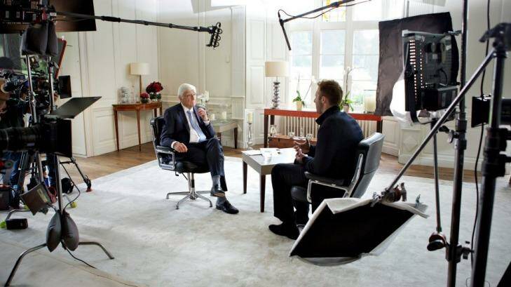 Sir Michael Parkinson and Ian Thorpe shooting the tell-all interview. Photo: Supplied
