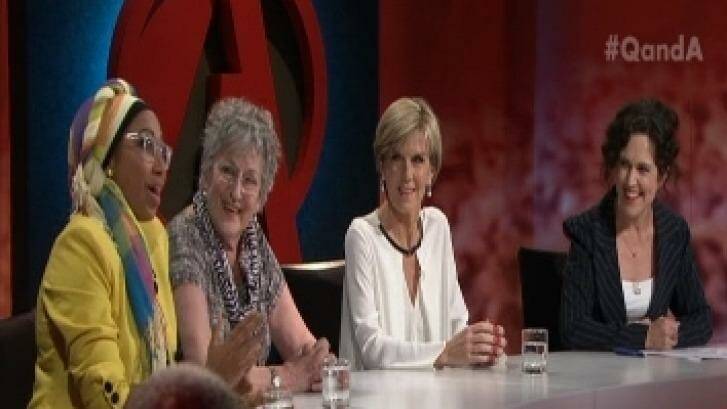 'Please don't go there, Germaine' ...Foreign Minister Julie Bishop (second from left) shut down Q&A co-panellist Germaine Greer (third from left) after a shocking question. Photo: ABC