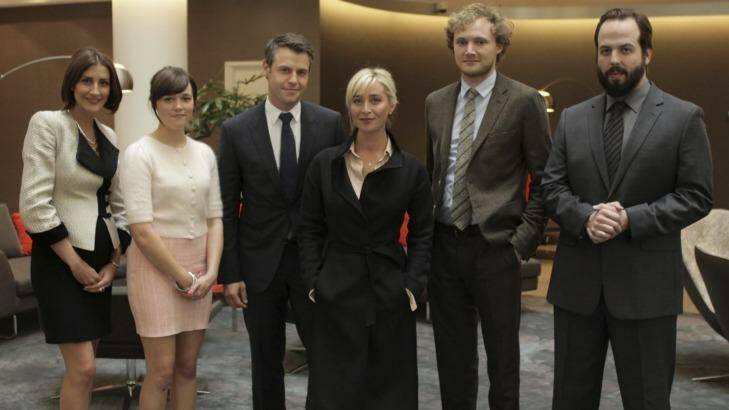 The cast of Ten's new political drama, <em>Party Tricks</em>, starring Asher Keddie and Rodger Corser. Photo: Supplied