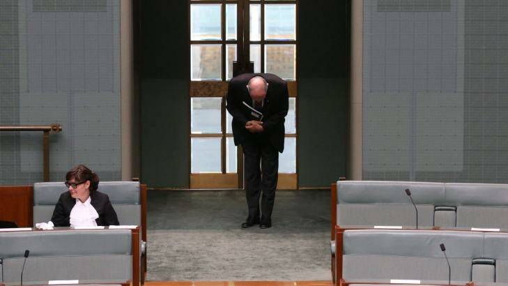 Deputy Prime Minister Warren Truss bows to the Speaker at Parliament House in Canberra. Photo: Andrew Meares