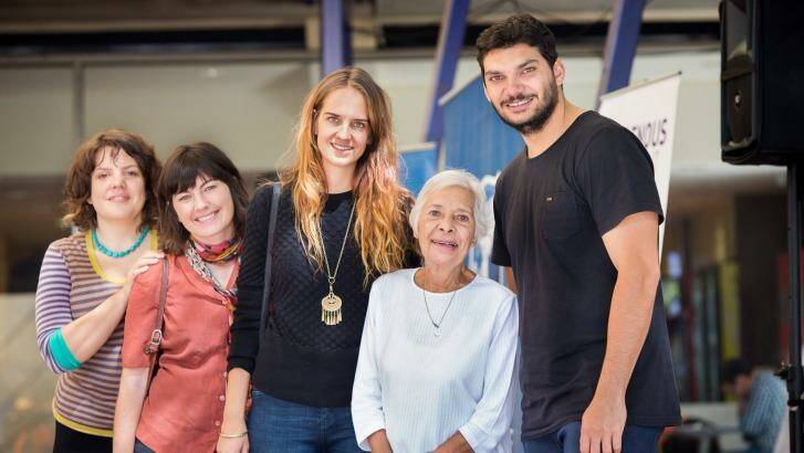 The late Dr Margaret Williams-Weir, the first recorded Aboriginal person to enrol in a university course in Australia, with Indigenous students and staff (from left) Genevieve Grieves, Kate Rendell, Lilly Brown and Clinton Benjamin, at Melbourne University in 2014. Photo: Peter Casamento