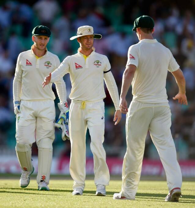 LONDON, ENGLAND - AUGUST 21:  Australia captain Michael Clarke (c) congratulates his players after day two of the 5th Investec Ashes Test match between England and Australia at The Kia Oval on August 21, 2015 in London, United Kingdom.  (Photo by Stu Forster/Getty Images) Photo: Stu Forster
