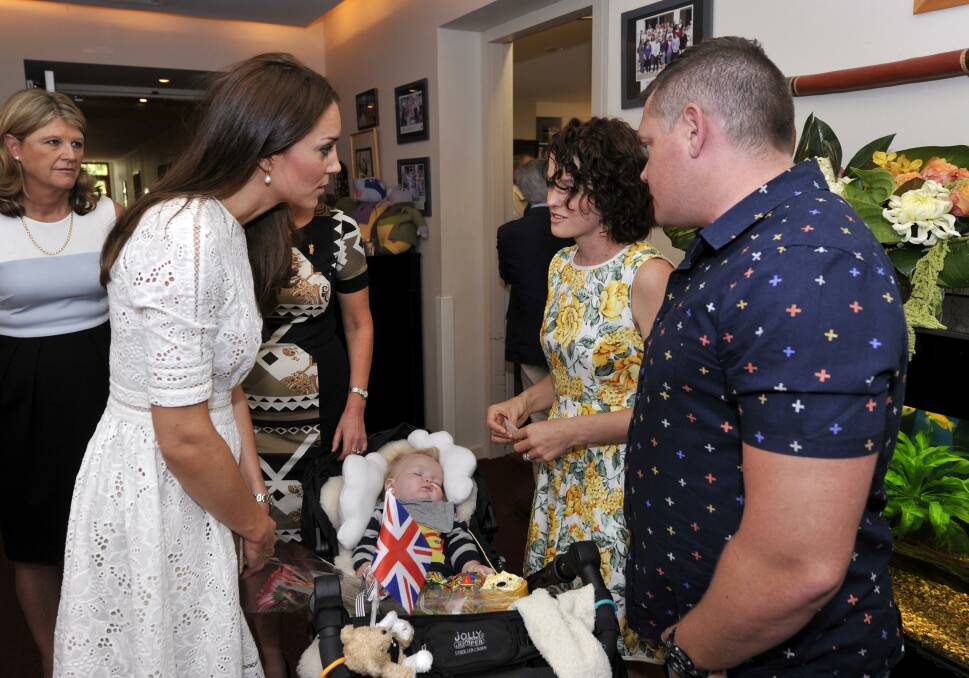 Rob, Amy and Max McIntyre from Dubbo with the Duchess of Cambridge at children's hsopice Bear Cottage. Photo: Getty Images