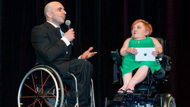 Comedian and disability advocate Stella Young was to host the 2014 ACT Chief Minister's Inclusion Awards. She is pictured on stage at last year's awards with guest speaker Paul Nunnari.