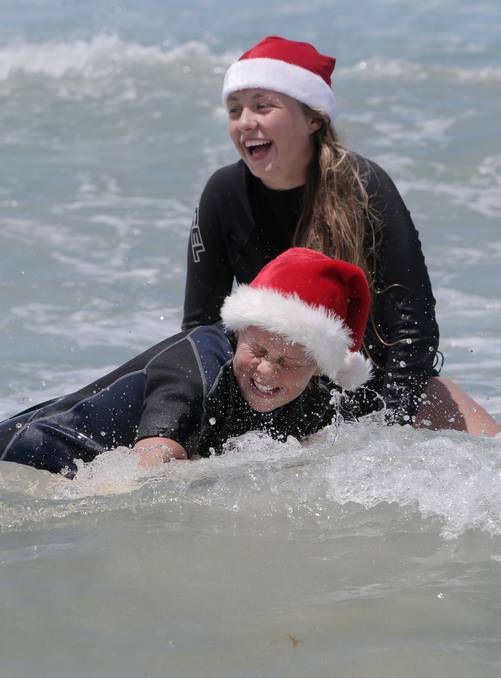 Elsa,13, and Greta Stromvall-O’Brien, 14 make a splash near Warrnambool.