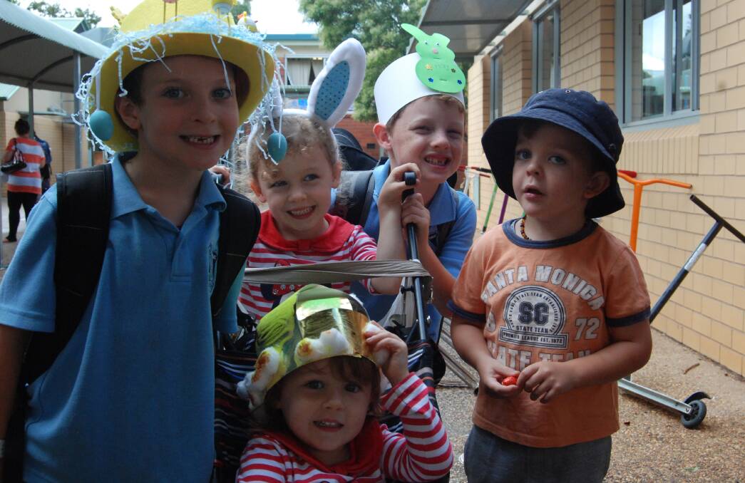 NARROMINE PUBLIC SCHOOL EASTER HAT PARADE: Thomas, Amy, Ryan, Toby and Emily display their easter hats with pride