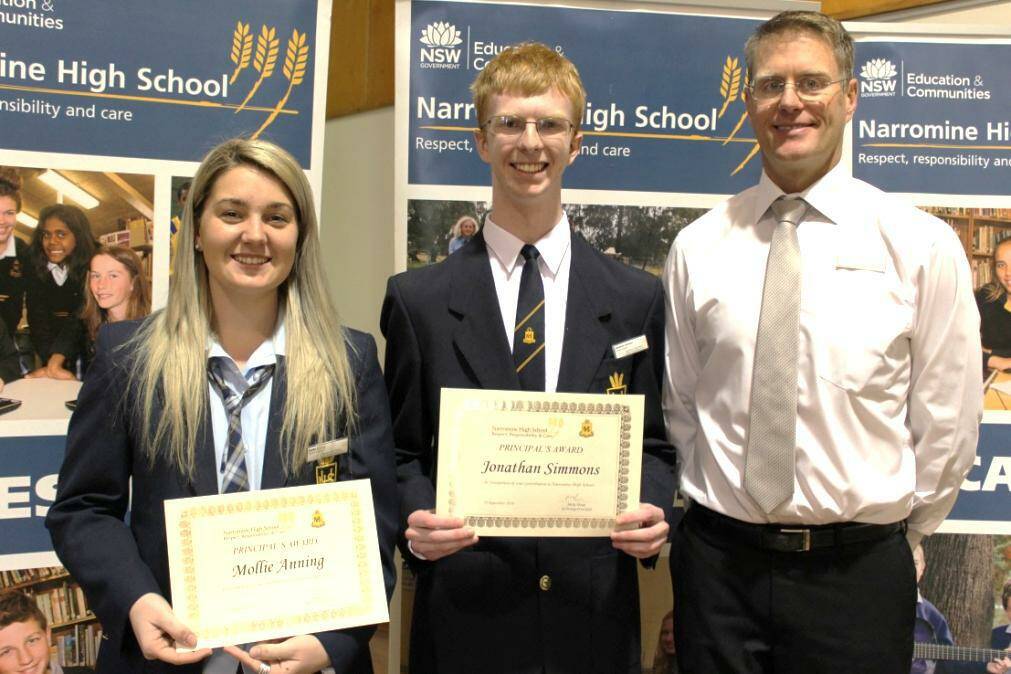Recipients of the Principal's Award, Mollie Anning and Jonathan Simmons with relieving Principal Mick Sloan.