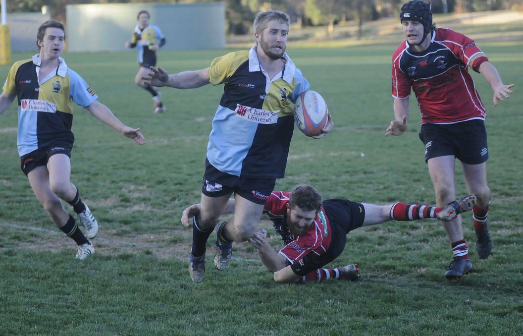 CHARGE: CSU hooker Gota Wykamp in action for the students during their 20-13 win over Narromine on Saturday.
Photo: CHRIS SEABROOK