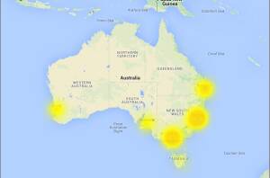 A map of areas affected by outages on the Australian Telstra network on Tuesday. Photo: Telstra
