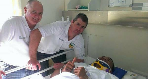 Former NRL player Andrew Ryan visits injured Mudgee Dragons' Henry Fisher in Dubbo Hospital on Tuesday.