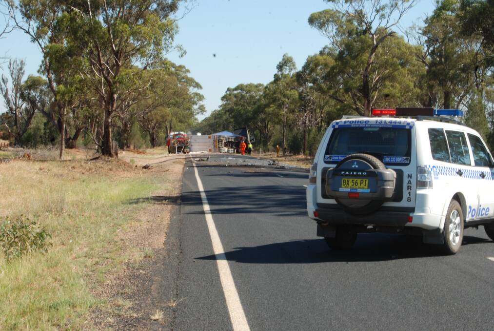 o Scene of the accident in which a Narromine woman died on Wednesday.