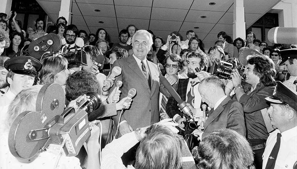 Gough Whitlam addresses the media after his dismissal in 1975. Picture: Australian Information Service