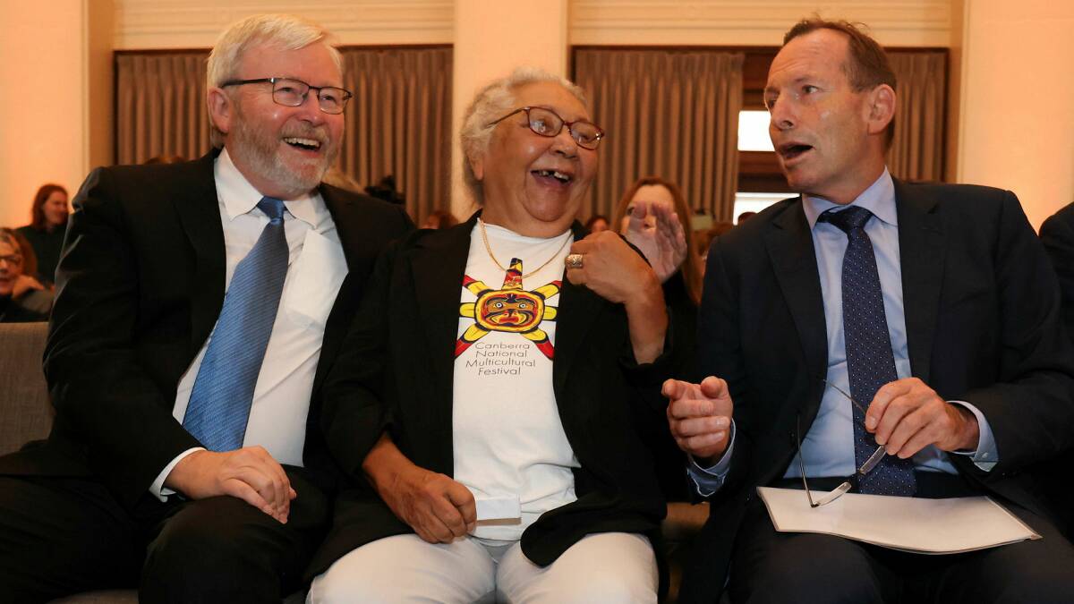 Former prime ministers Kevin Rudd and Tony Abbott with Ngambri Elder Matilda House. Ms House was the first person to give a welcome to country in Federal Parliament in 2008. Picture: James Croucher
