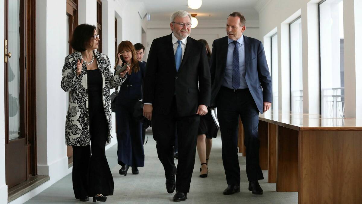 Museum of Australian Democracy director Daryl Karp with former prime ministers Kevin Rudd and Tony Abbott. Picture: James Croucher