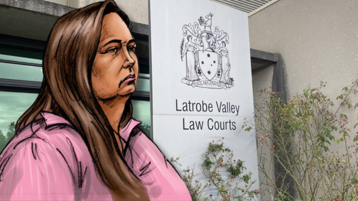 Court artist sketch of Erin Patterson (left) and the Latrobe Magistrates Court in Morwell, where the trial was held. Picture AAP Image/Paul Tyquin/Anna Houlahan