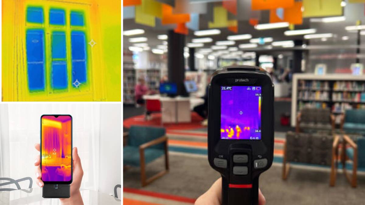 Top left: Thermal imaging camera directed at a window. Bottom left: Thermal imaging cameras compatible with smartphones available for loan. Picture by The City of Unley. Right: Thermal imaging camera available for loan. Picture by Randwick City Library Top left: Thermal imaging camera directed at a window. Bottom left: Thermal imaging cameras compatible with smartphones available for loan. Picture by The City of Unley. Right: Thermal imaging camera available for loan. Picture by Randwick City Library