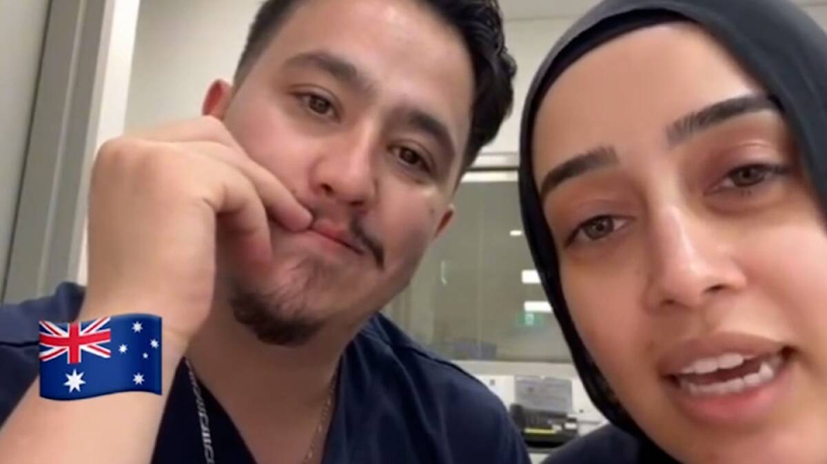 A screenshot of the video uploaded on social media showing the two nurses, Ahmad Rashad Nadir and Sarah Abu Lebdeh. Picture by Instagram/@maxveifer