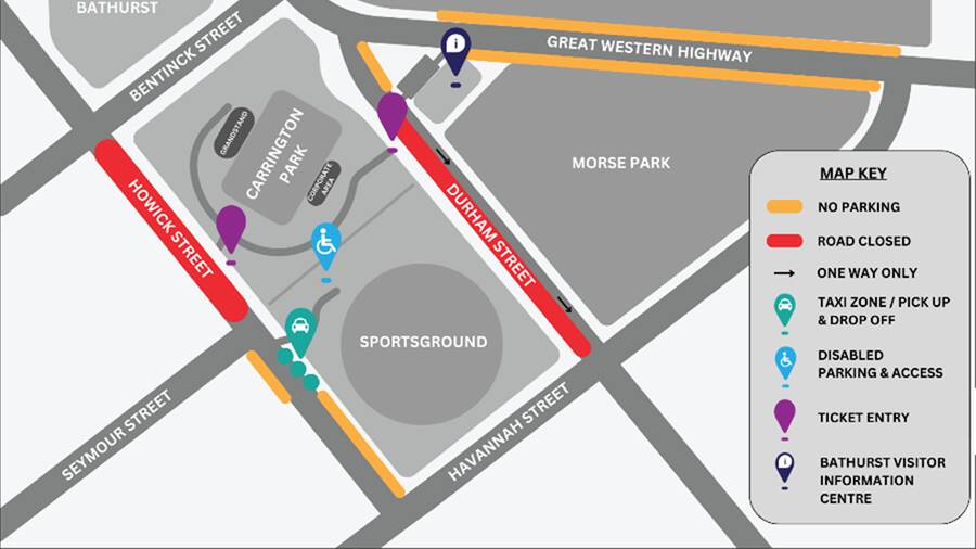 The map of roadclosures around Carrington Park on Saturday, May 24.