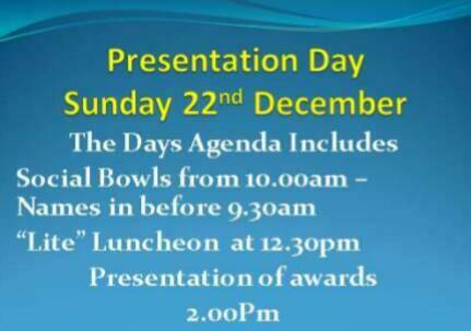 Presentation Day has been scheduled for Sunday, December 22 and hopefully, we will get most of the Champions there and a goodly bunch of members as well so we can properly acknowledge our 2019 Championship Winners. 