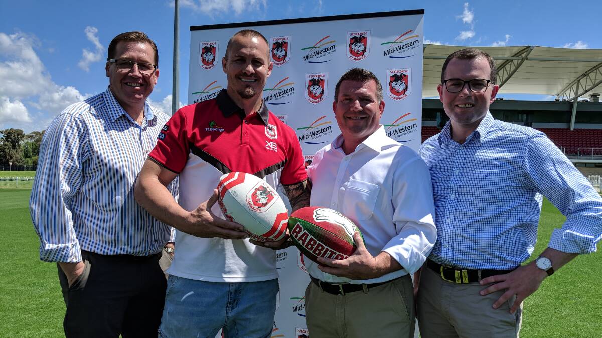 Fired Up: Member for Dubbo Troy Grant with former St George Illawarra centre Matt Cooper, Nationals candidate Dugald Saunders and Minister for Tourism and Major Events Adam Marshall at Glen Willow sporting complex.