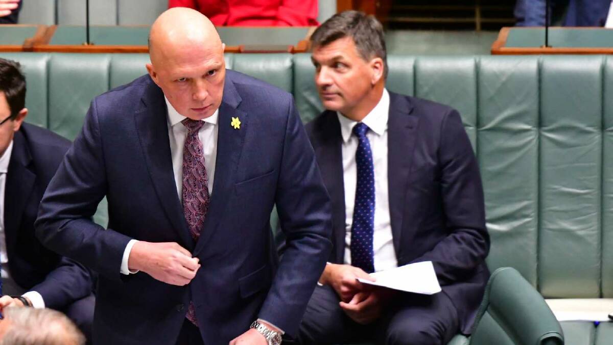 Opposition Leader Peter Dutton and Coalition treasury spokesman Angus Taylor in question time on Thursday. Picture: Elesa Kurtz
