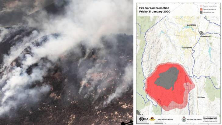 The Orroral Valley fire as seen from the air on Thursday, and the NSW RFS predictions for the fire's spread on Friday. Pictures: Karleen Minney and NSW RFS