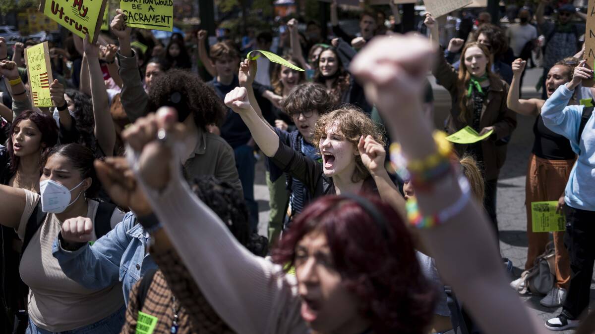 Students from area schools gather for a pro-abortion rights rally in Union Square in New York on Thursday. Picture: AAP