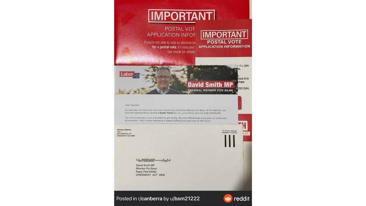 Labor MP for Bean David Smith's postal voting application letter. Picture: Reddit 