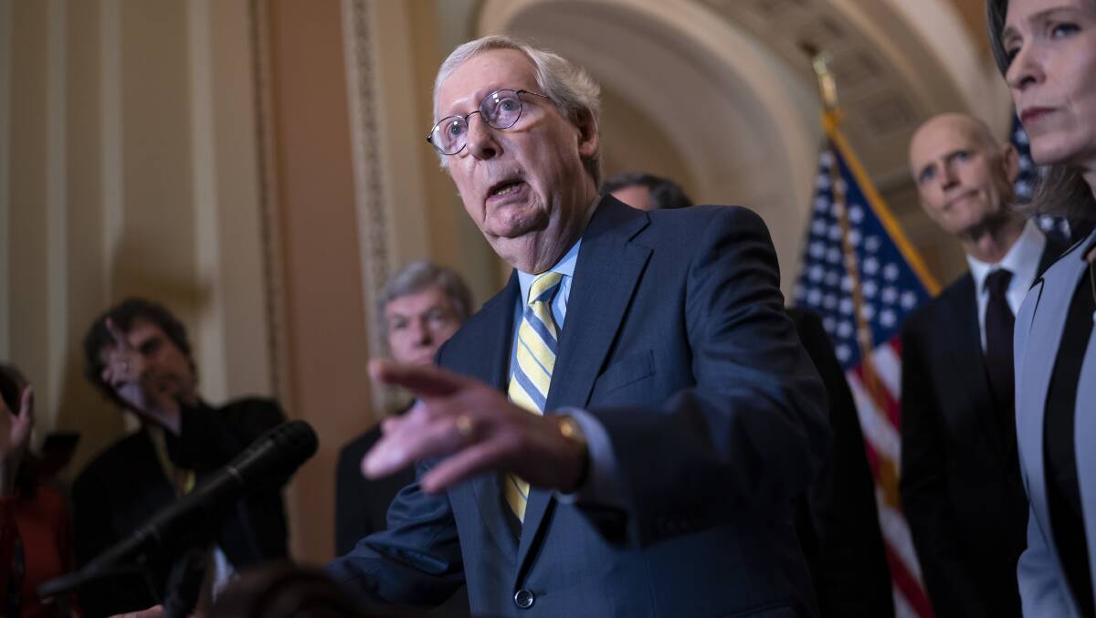 Senate Minority Leader Mitch McConnell meets with reporters at the Capitol in Washington on Tuesday. Picture: AAP