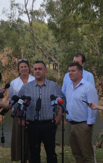 DROUGHT MEASURES: Water Minister Melinda Pavey, Deputy Premier John Barilaro and state Member for the Dubbo electorate Dugald Saunders announce the funding. 