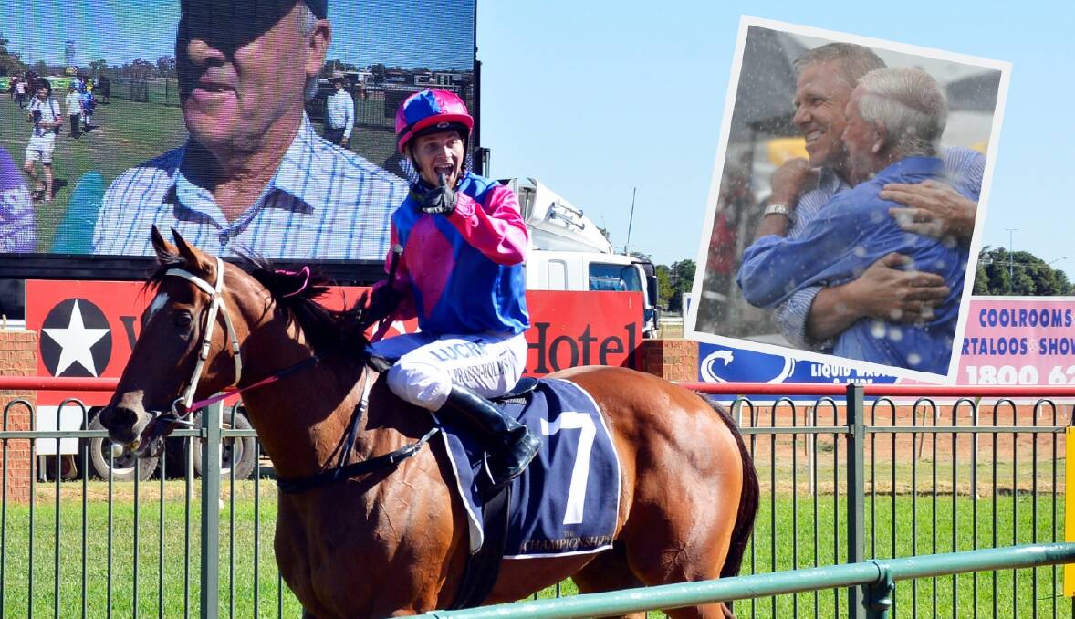 BIG WINNERS: Jake Pracey-Holmes on board Stoneyrise after the 2017 western heat win and, insert, Cosmologist's trainer Dean Mirfin is elated after the 2018 central district qualifier win at Mudgee.