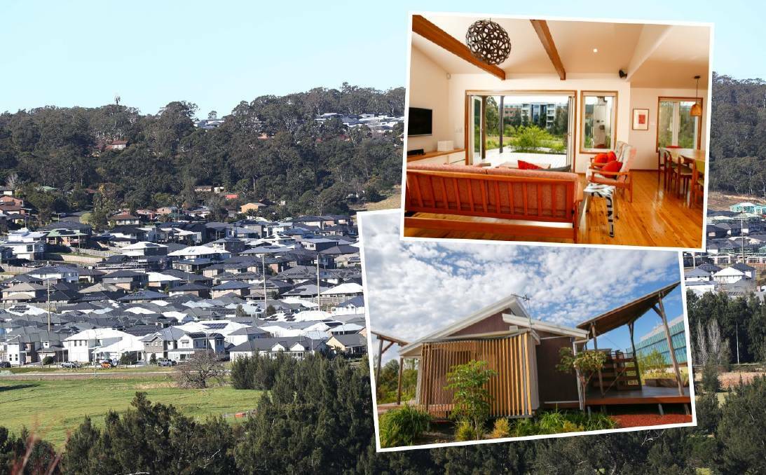 An image of a new housing estate, Calderwood in the southern Illawarra, where many houses have grey roofs. Inset are images of the Illawarra Flame net zero house. Pictures by Robert Peet and Adam McLean