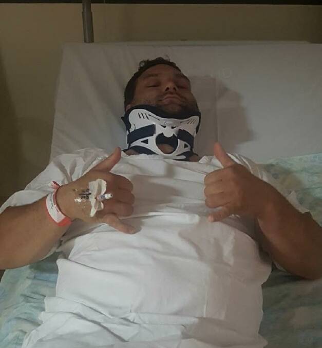 THUMBS UP: Narromine Jets first grade player Chris Wilcox suffered a serious neck injury during a match against the Wellington Cowboys in June. Photo: CONTRIBUTED