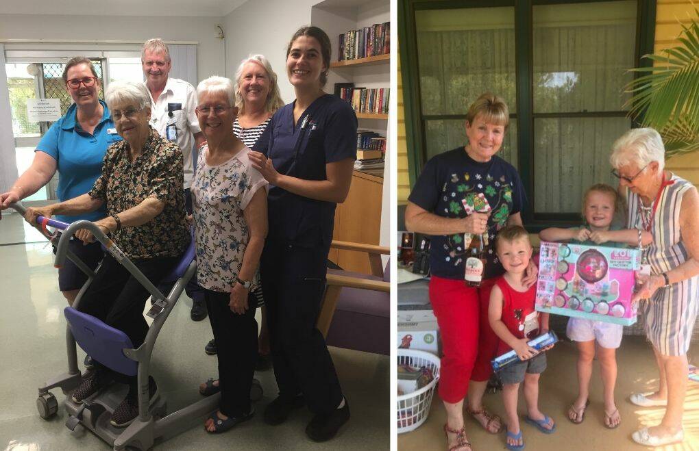 Shirley Allen testing out the new Sara Steady apparatus at the hospital and Christmas raffle winner Nel Paine, with grandchildren and Auxiliary president Daphne Johnson.