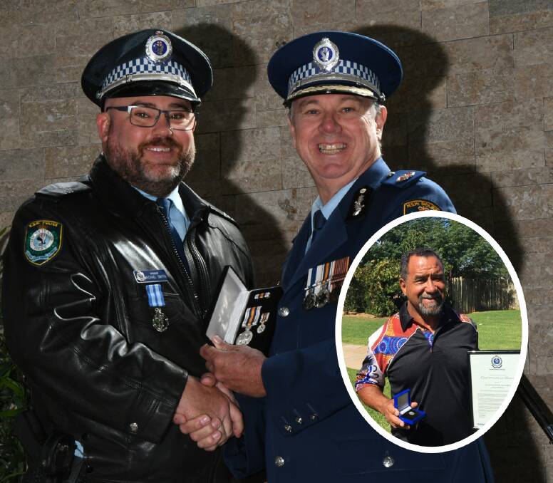 RECOGNISED: Sergeant Michael Smith receiving the National Police Service Medal for 15 years diligent and ethical service from Assistant NSW Police Commissioner Geoff McKechnie. Inset William Middleton. Photo: NSW POLICE 