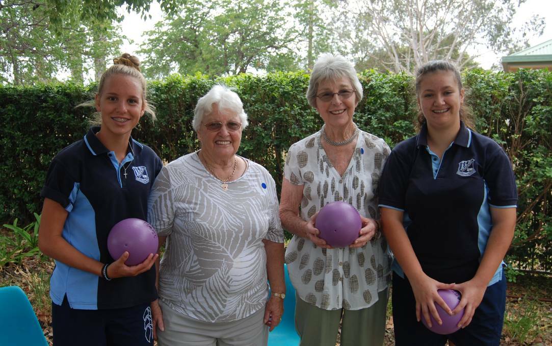 CELEBRATE: Taylah and Kodee with Jan Hilder and Pam Clark at the Trangie seniors day last year. Photo: ZAARKACHA MARLAN