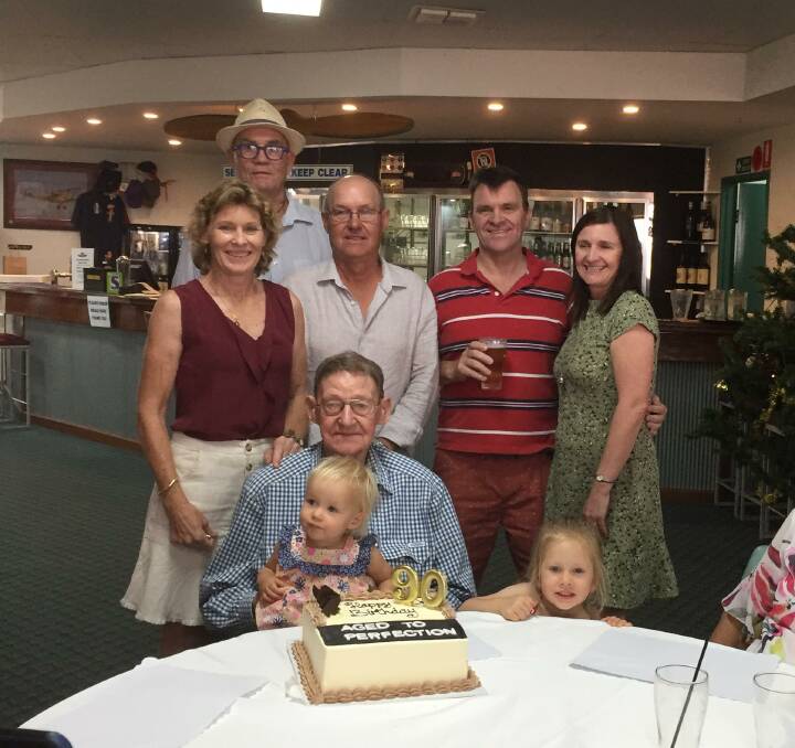 CELEBRATION: Alan Gainsford with his five children at the Narromine Aero Club. Photo: CONTRIBUTED