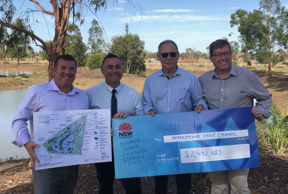 WETLANDS GRANT: The Nationals' candidate for the seat of Dubbo Dugald Saunders, Deputy Premier and Minister for Regional NSW John Barilaro, Narromine Shire Council mayor Craig Davies and Member for Dubbo Troy Grant celebrate an almost $2.5 million grant for a Narromine Wetlands project. Photo: CONTRIBUTED