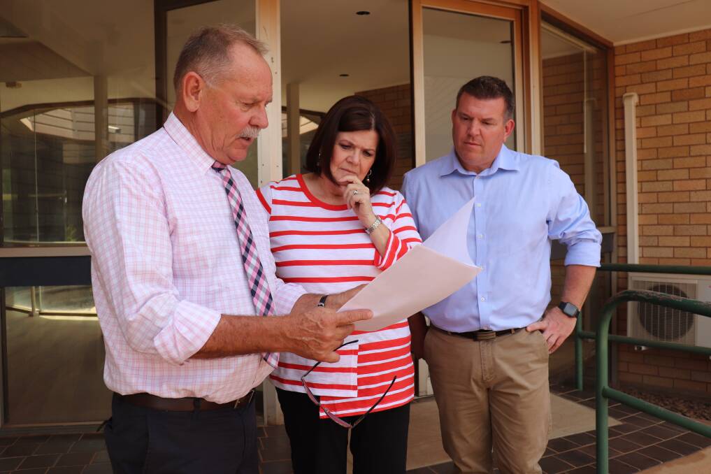INNOVATIVE: Narromine Shire mayor Craig Davies showing plans for the site to Minister for Local Government Shelley Hancock and Member for Dubbo Dugald Saunders. Photo: ZAARKACHA MARLAN
